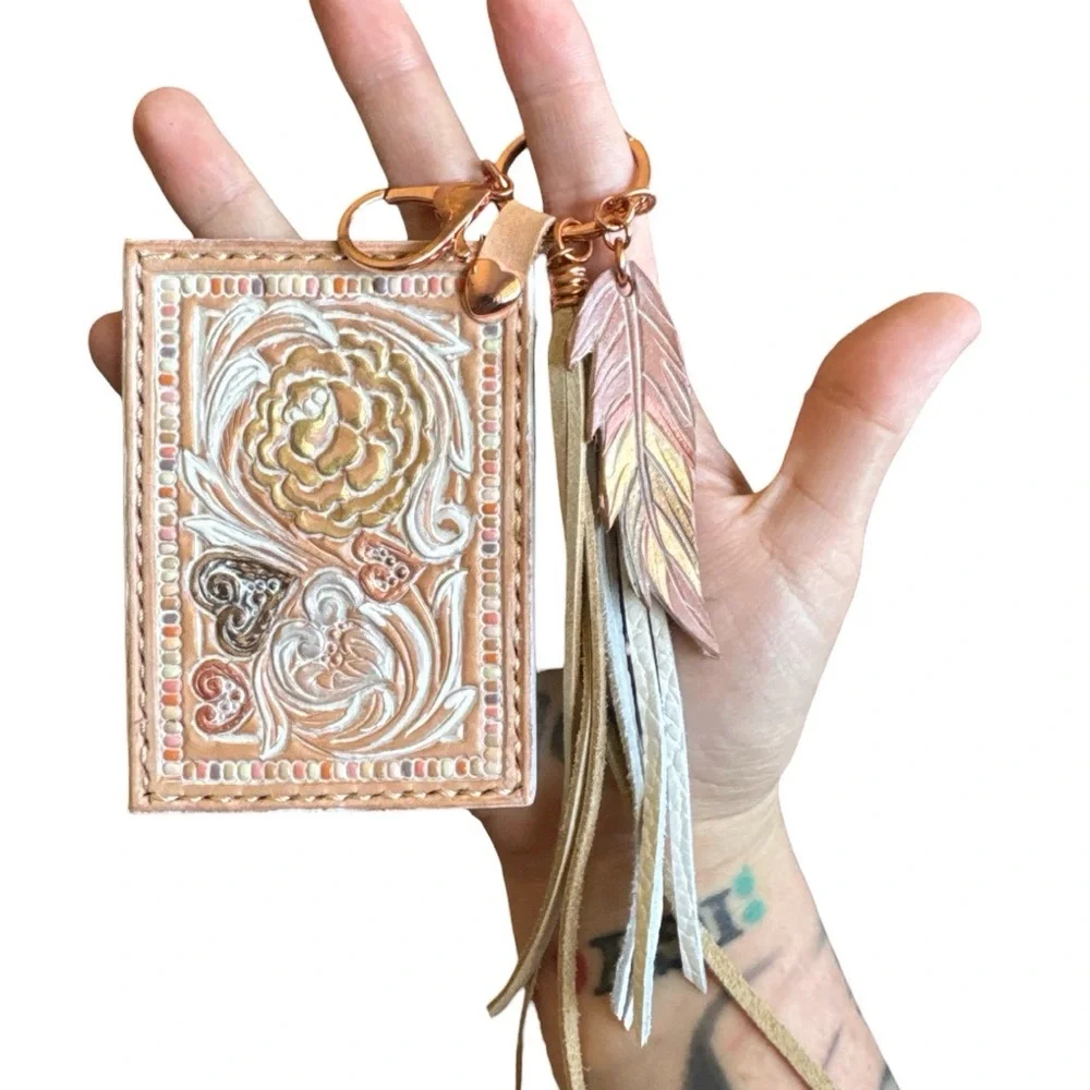 Artisan Handmade Western Southwest Leather Card Holder Floral Heart Wallet